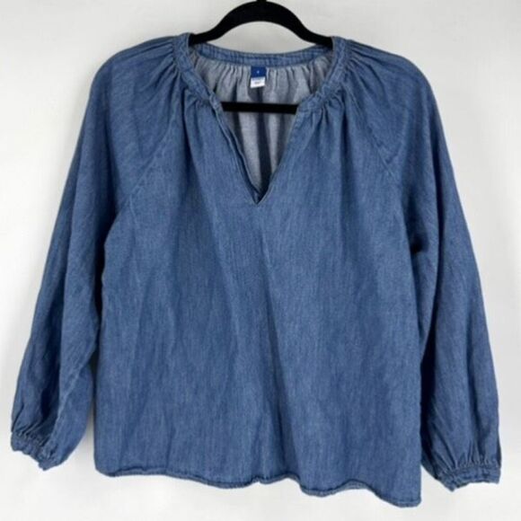 Old Navy Long-Sleeve Chambray Split Neck‎ Top Size Small Poet Peasant - Picture 2 of 11